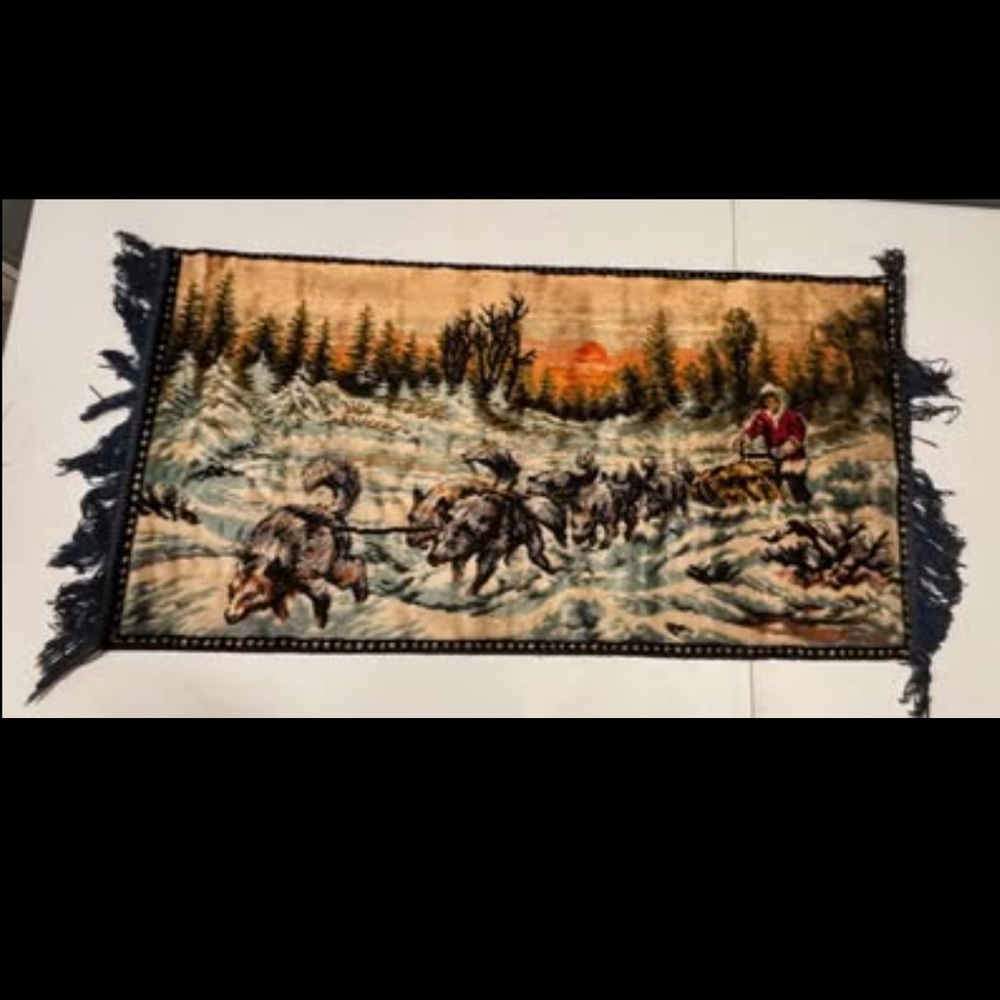 Iditarod Dog Sled and Sunset Vintage Italian Made Tapestry
